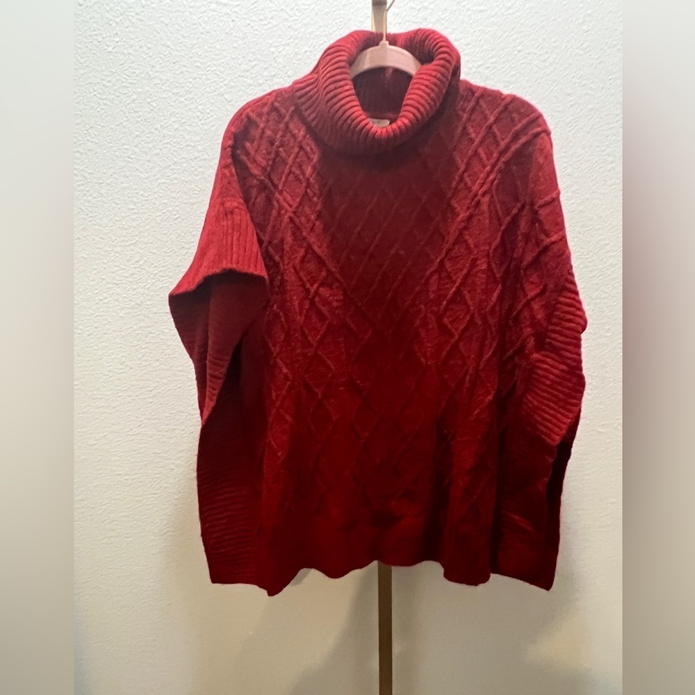 Loft Lattice Cable Turtleneck Poncho Red XS/S
